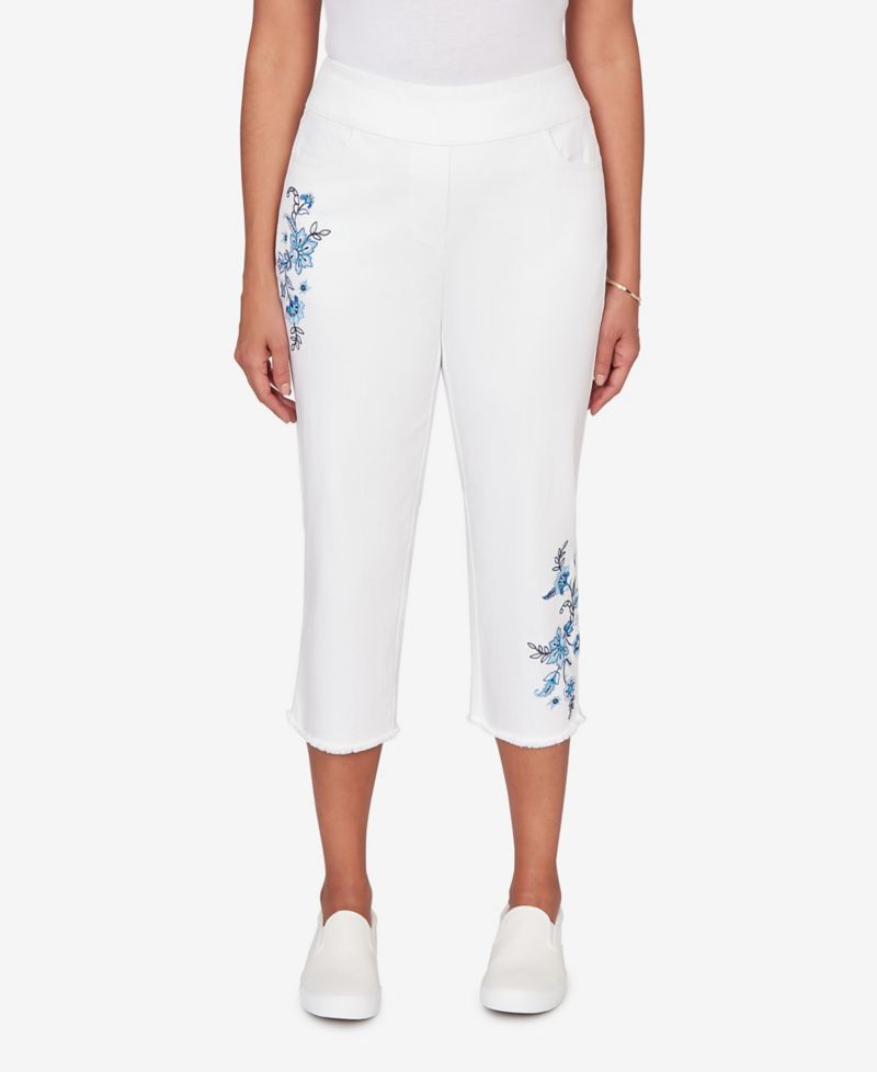 Plus Size Mykonos Floral Embroidered Fringe Super Stretch Denim Capri Pants