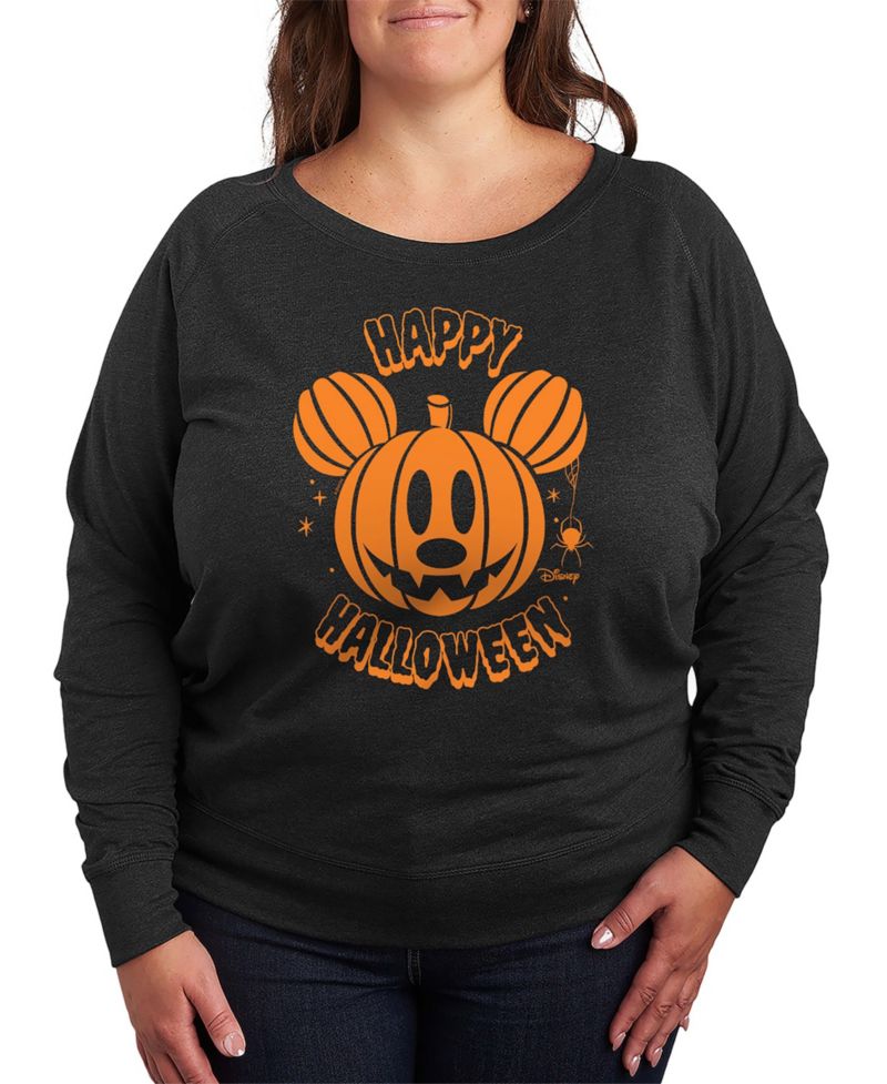 Plus Size Disney Happy Halloween Mickey Mouse French Terry Long Sleeve T-Shirt