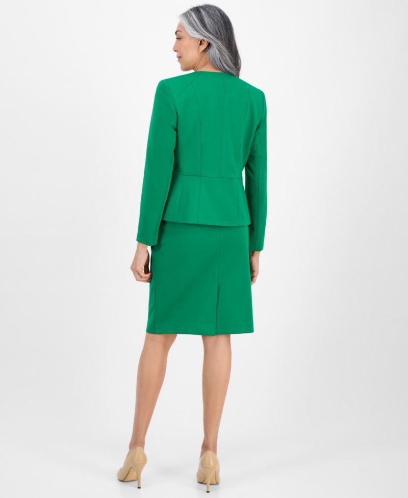 Women's Collarless Zip-Front Ponte 2 Piece Skirt Suit