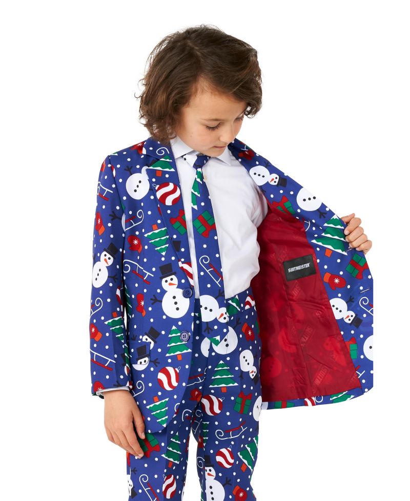 Little Boys Christmas Snowman Button Closure Suit Set Including Blazer, Pants and Clip-On-Tie
