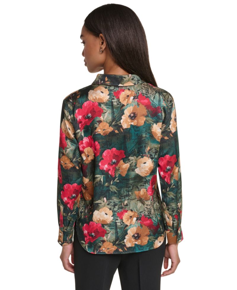 Petite Satin Floral Long-Sleeve Blouse