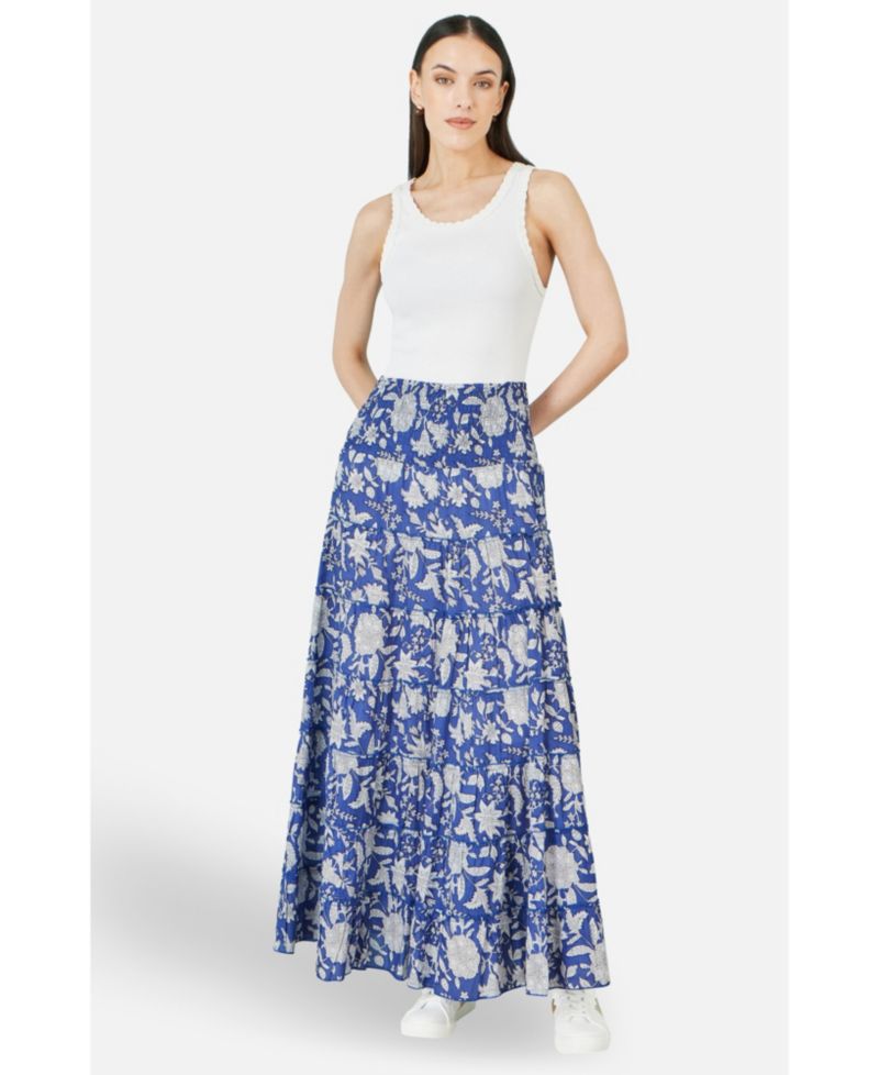 Women's Floral Cotton Tiered Maxi Skirt