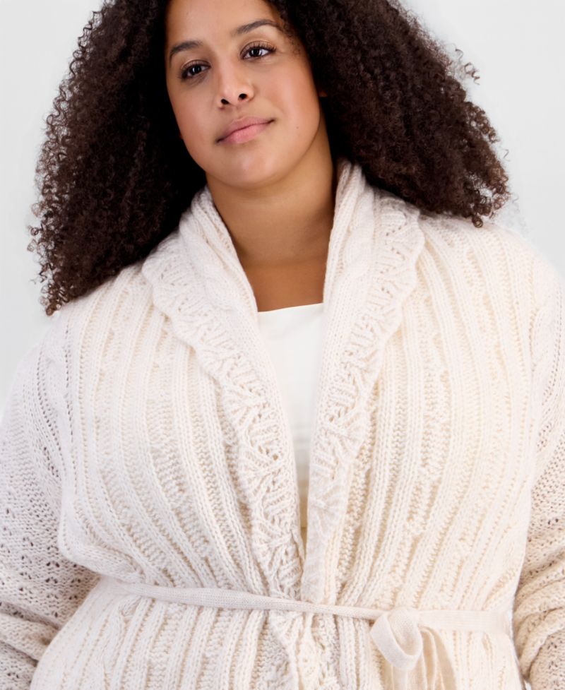 Plus size Tie Pointelle Shawl Collar Drop-Shoulder Cardigan