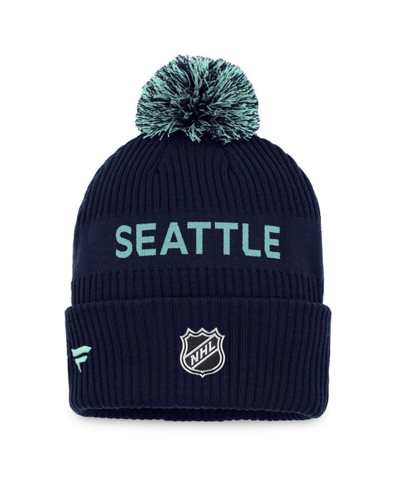 Men's Deep Sea Blue, Light Blue Seattle Kraken 2022 NHL Draft Authentic Pro Cuffed Knit Hat with Pom