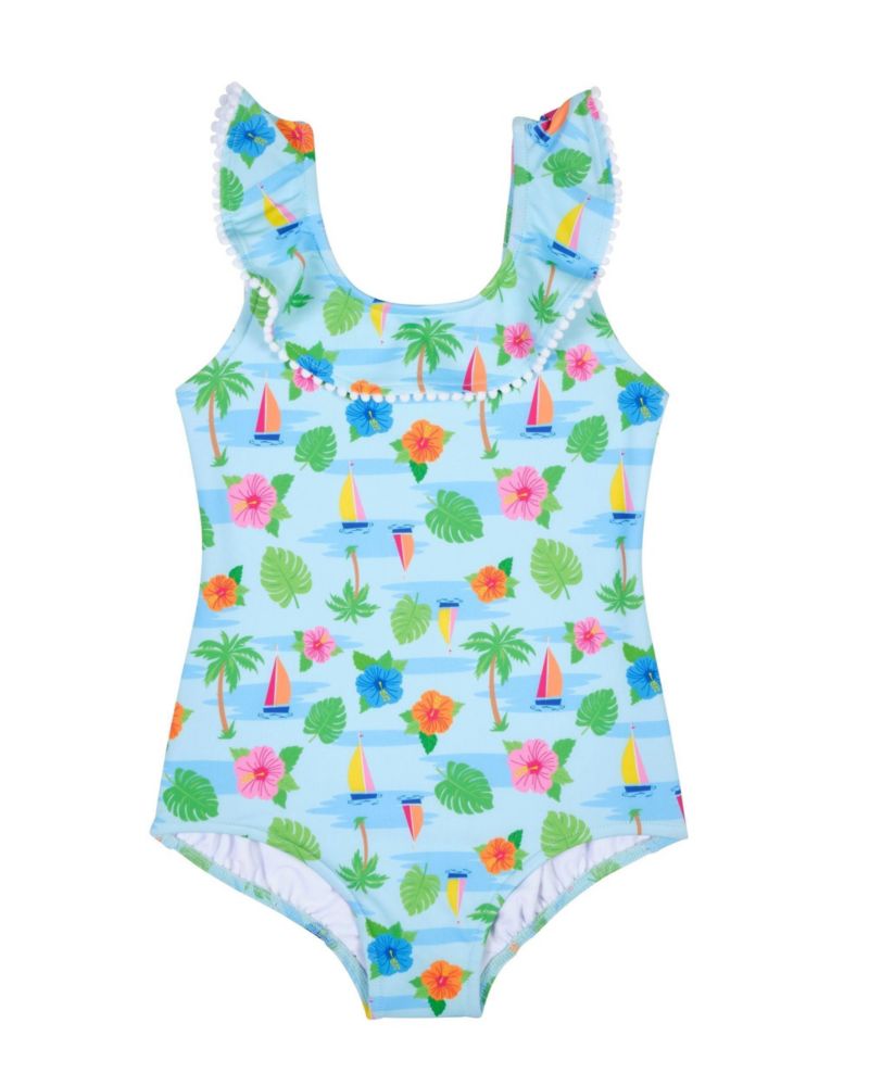 Baby Girl Tropical Print Ruffle Neck Swimsuit