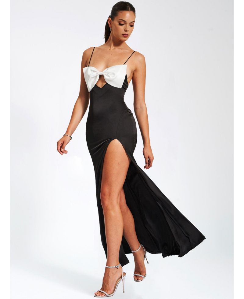 Women Eleanor Black and White Bow Satin Gown