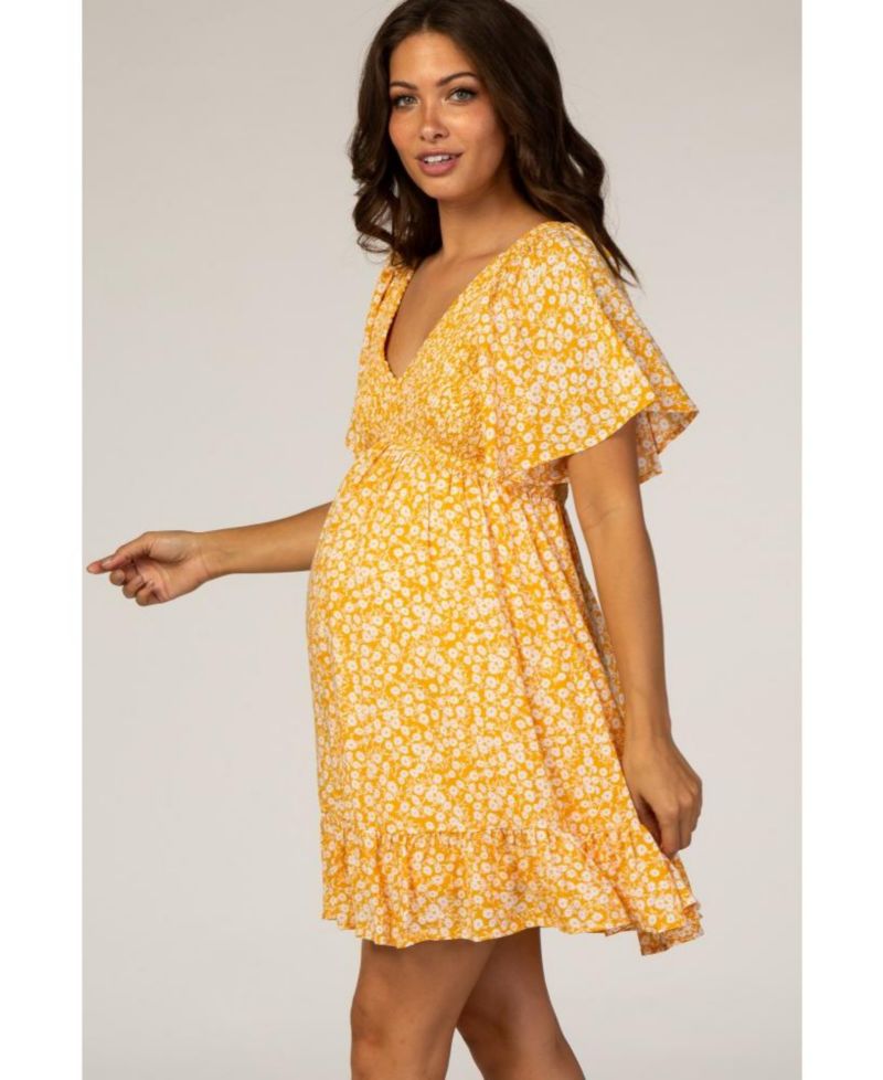 Women's Yellow Floral Smocked Ruffle Dress