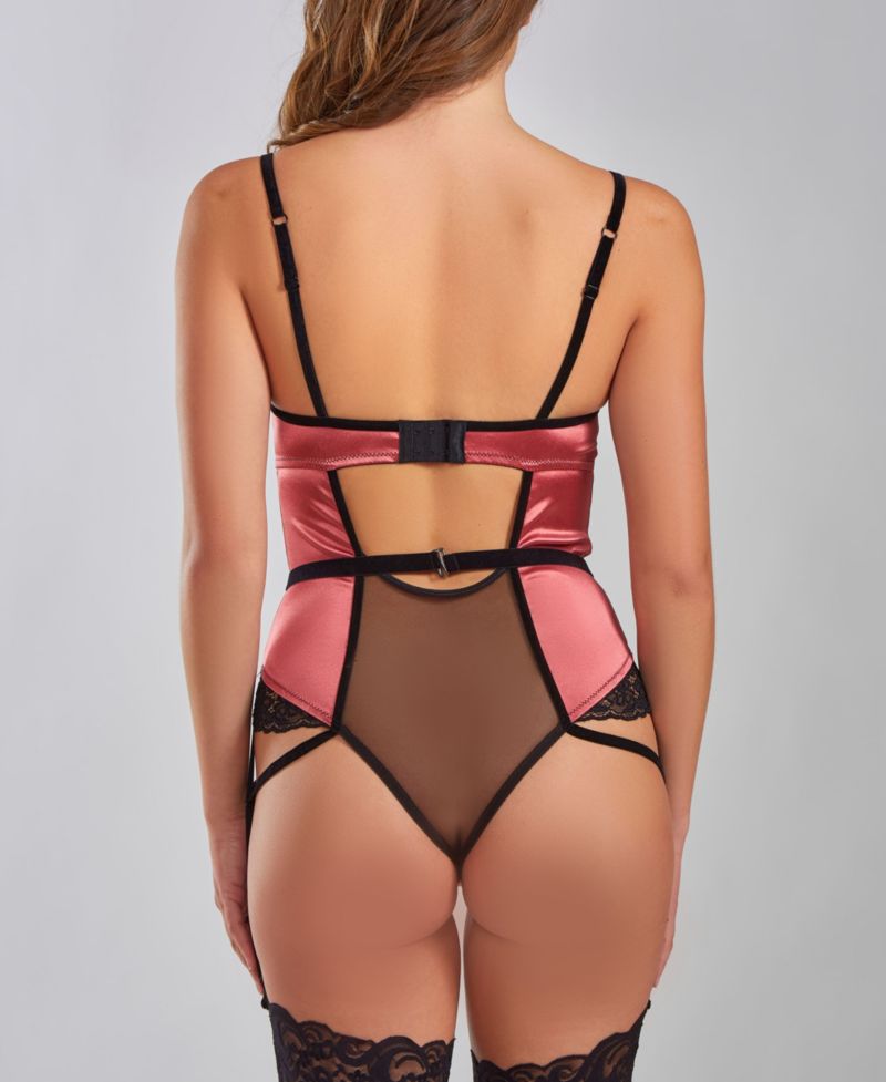 Women's Tatiana Underwire Padded Bra Stretch Satin and Lace Bodysuit with Velvet Trim