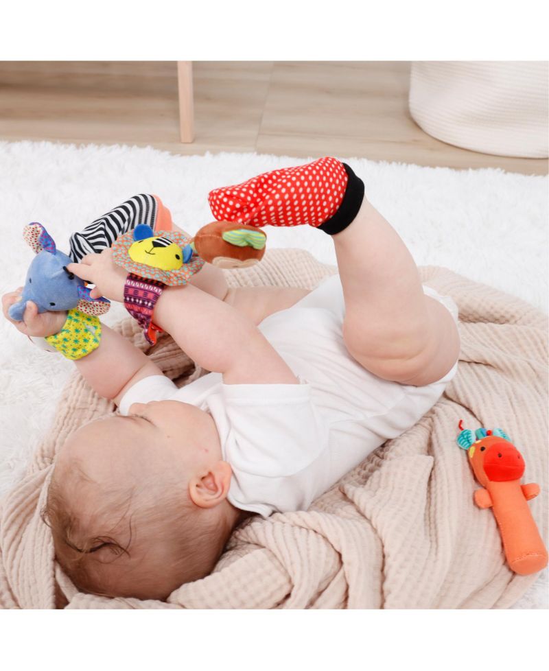 Safari Baby Rattle Socks and Wrist Rattle Set, 5 Piece