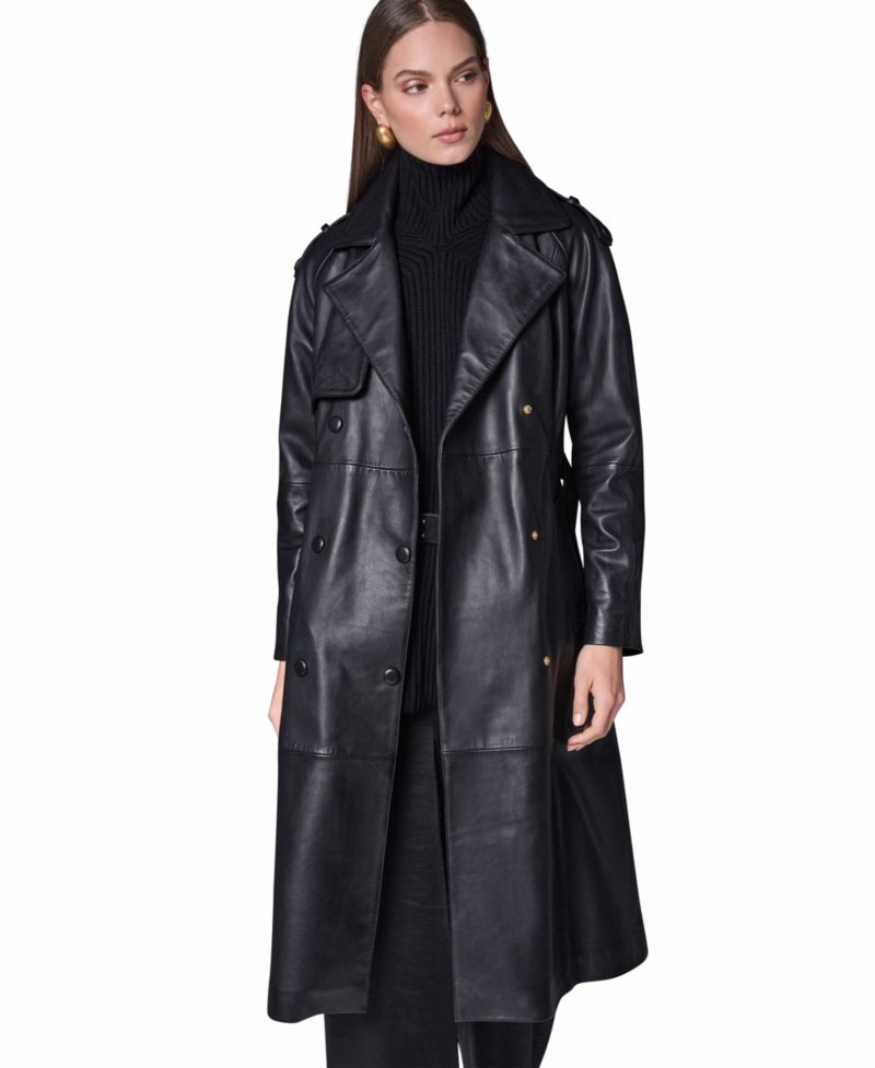 Women's Double Breasted Belted Leather Trench Coat