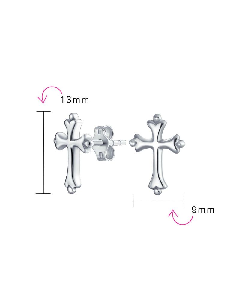 Religious Fleur De Lis Cross Stud Earrings Sterling Silver Communion Gift