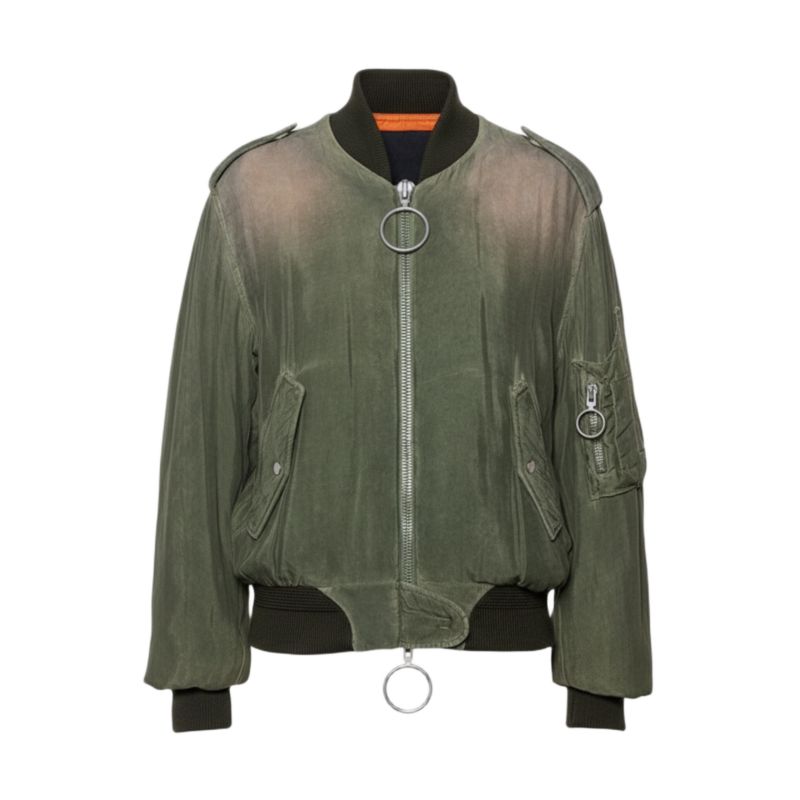Women's Green Cupro Washed Out Effect Zipper Front Bomber Jacket