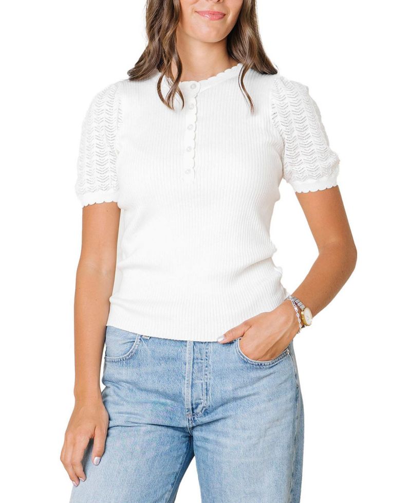 Women's Hope and Henry Organic Pointelle Sleeve Henley Sweater