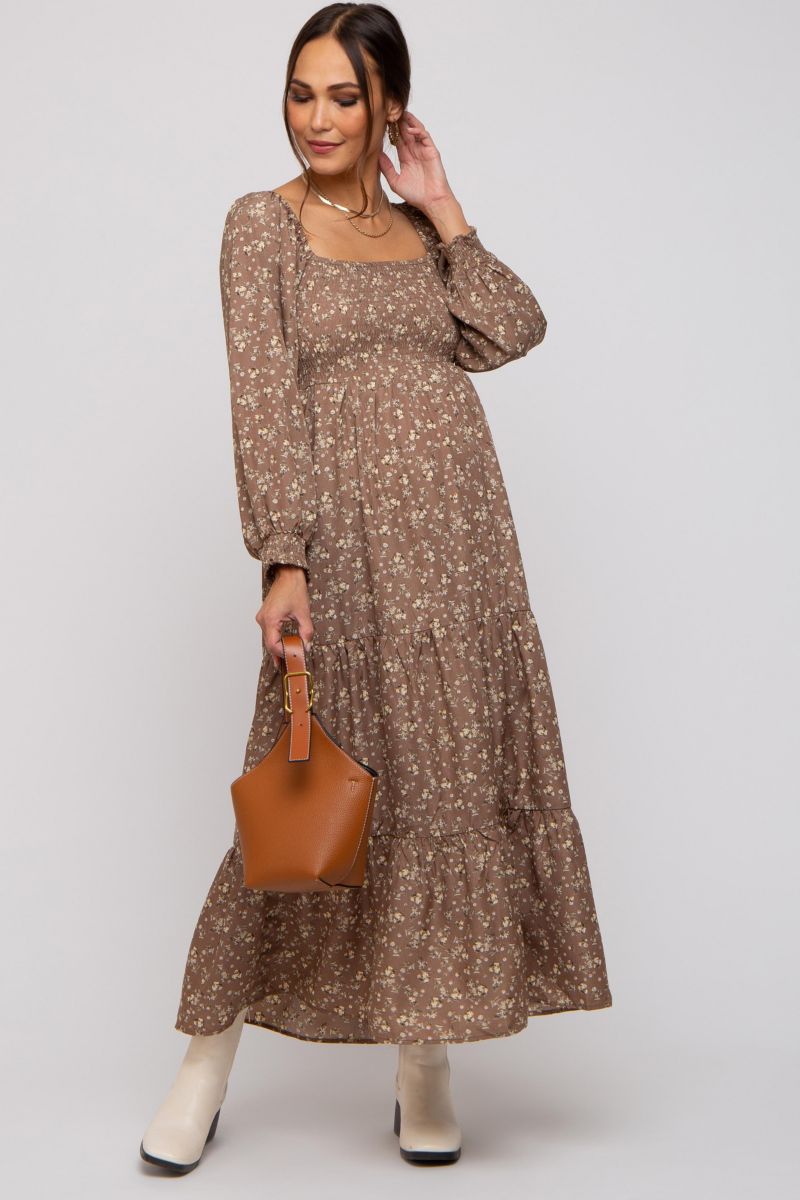 Women's Black Floral Smocked Long Sleeve Maxi Dress