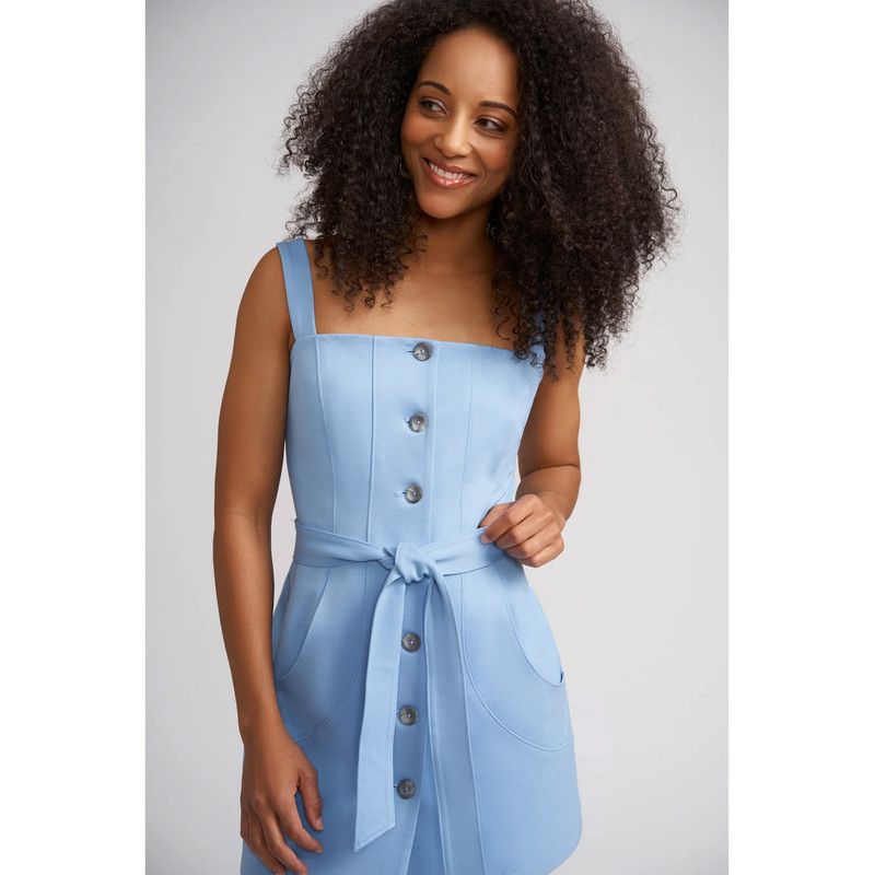 Women's Taylor Button Front Ponte Mini Dress with Large Front Pockets and Optional Belt