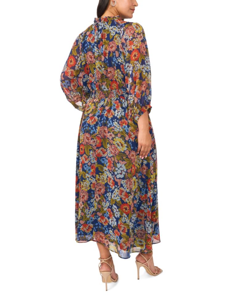 Plus Size Floral-Print Puff Sleeve Chiffon Maxi Dress