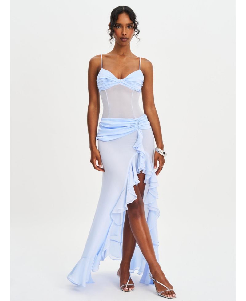 Women Lacy Blue Ruched Breast High Slit Chiffon Dress