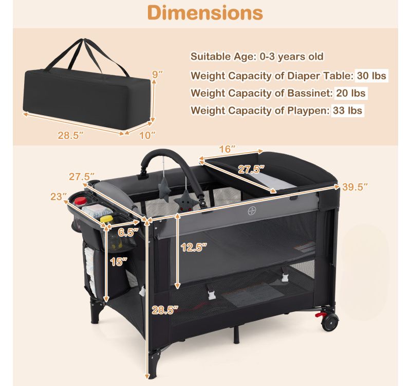 4-Level Adjustable Baby Bassinet with Foldable Design and Plush Mattress Changing Table