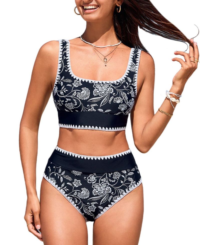 Women's Scoop Neck Tank Wide Straps Stitching Bikini Set