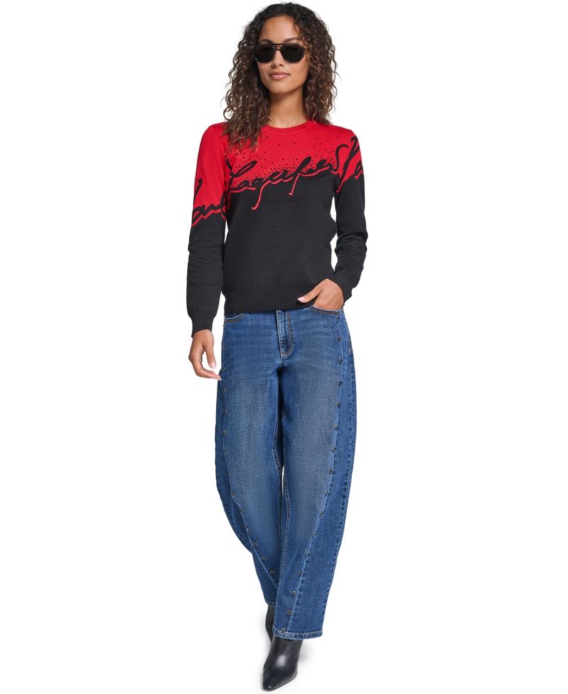 Women's Rhinestone-Logo Long-Sleeve Colorblock Sweater