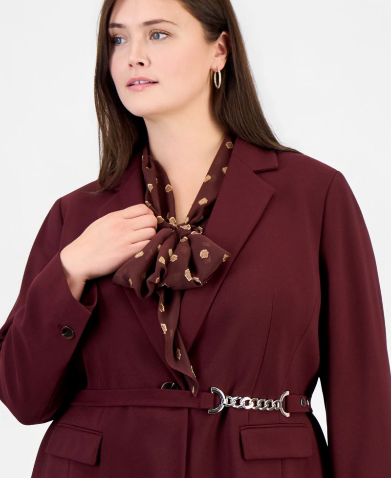 Plus Size Belted Notch Collar Blazer