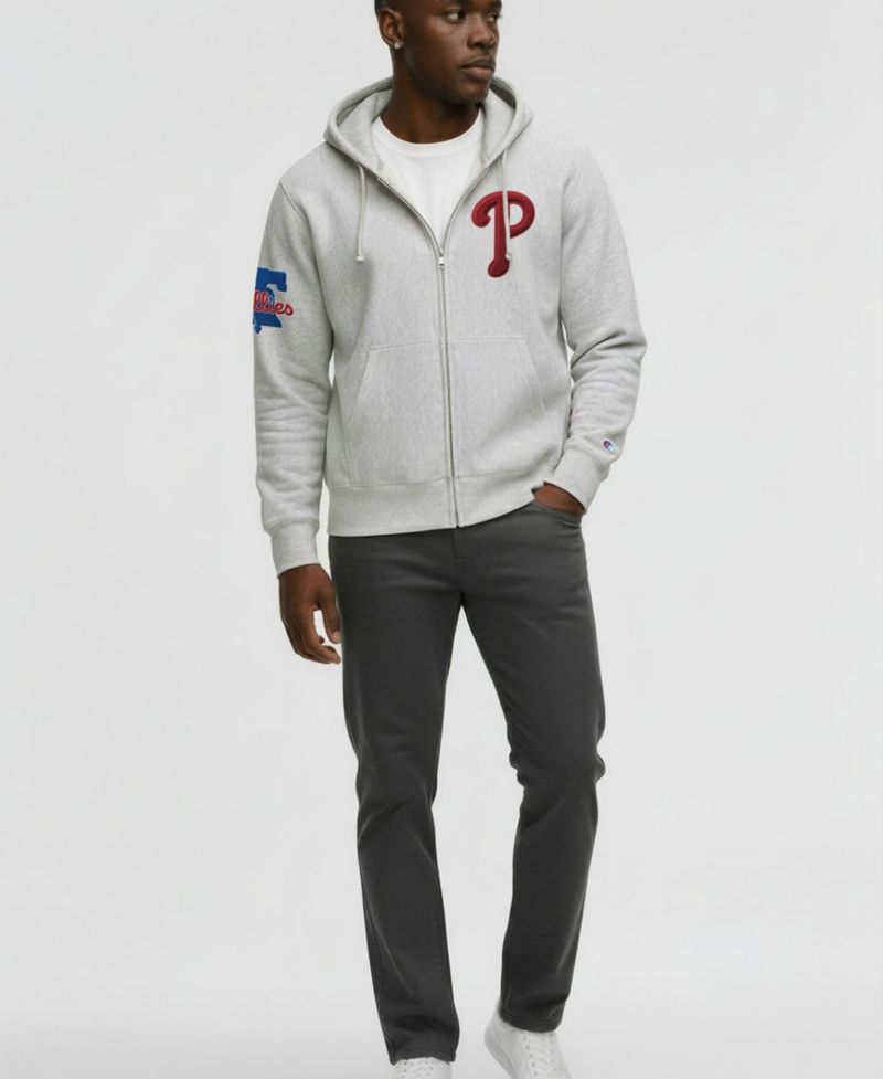 Men's Gray Philadelphia Phillies Reverse Weave Chenille Full-Zip Hoodie
