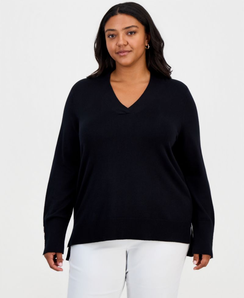 Plus Size High-Low Hem V-neck Sweater