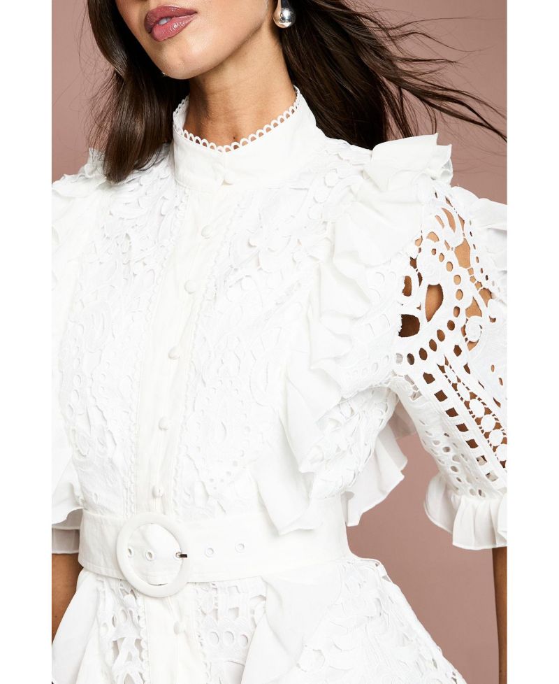 Women's Lace-Ruffle Belted Midi Dress
