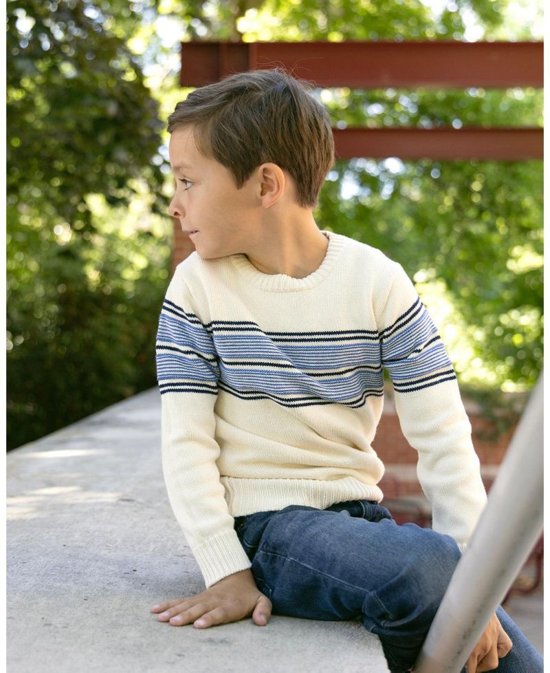 Little Boys (5-7) Organic Striped Crew Neck Pullover Sweater