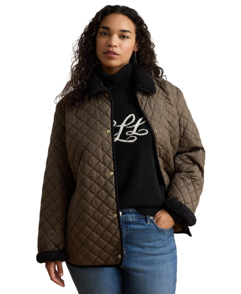 Plus Size Faux-Sherpa-Collar Quilted Coat