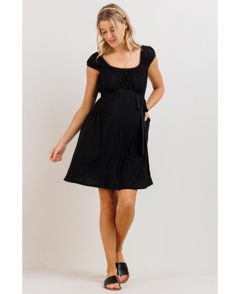 Maternity Cap Sleeve Textured Empire Waist Dress with Pockets