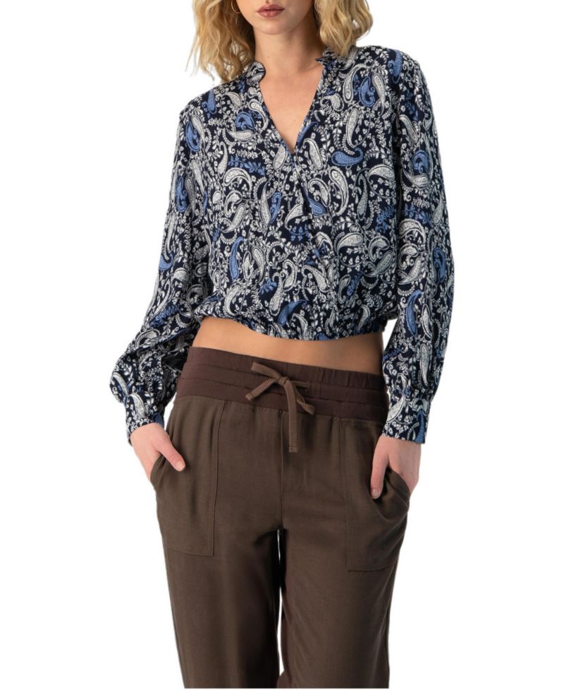 Women's Long Sleeve Paisley V-Neck Blouse