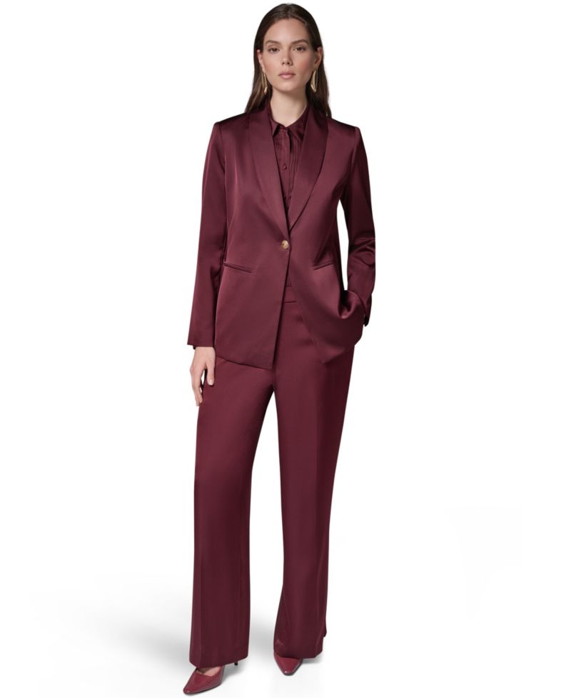 Petite Satin Shawl Lapel Shoulder-Padded Blazer