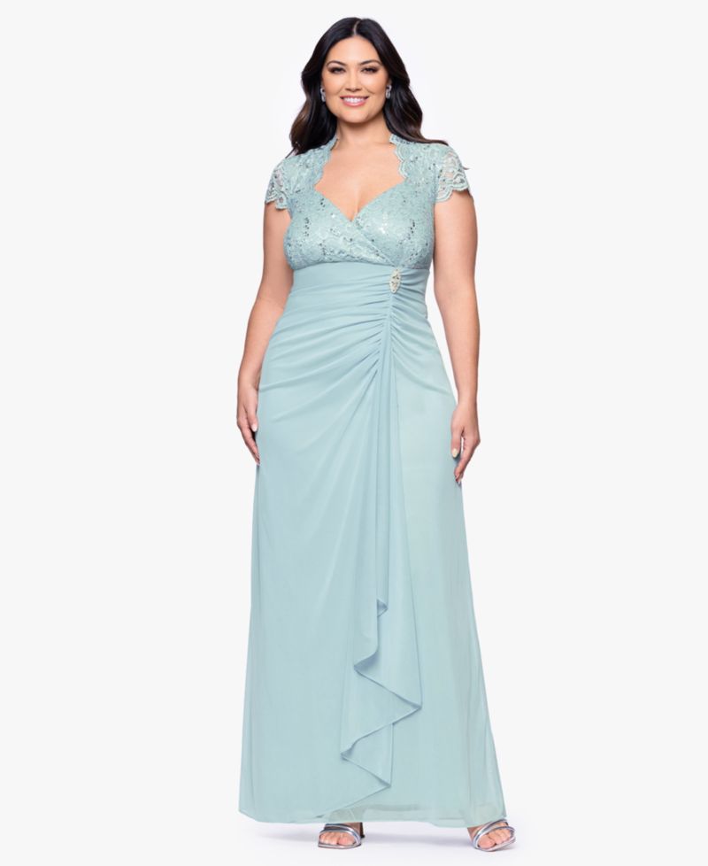 Plus Size Sequined-Lace Ruched Gown