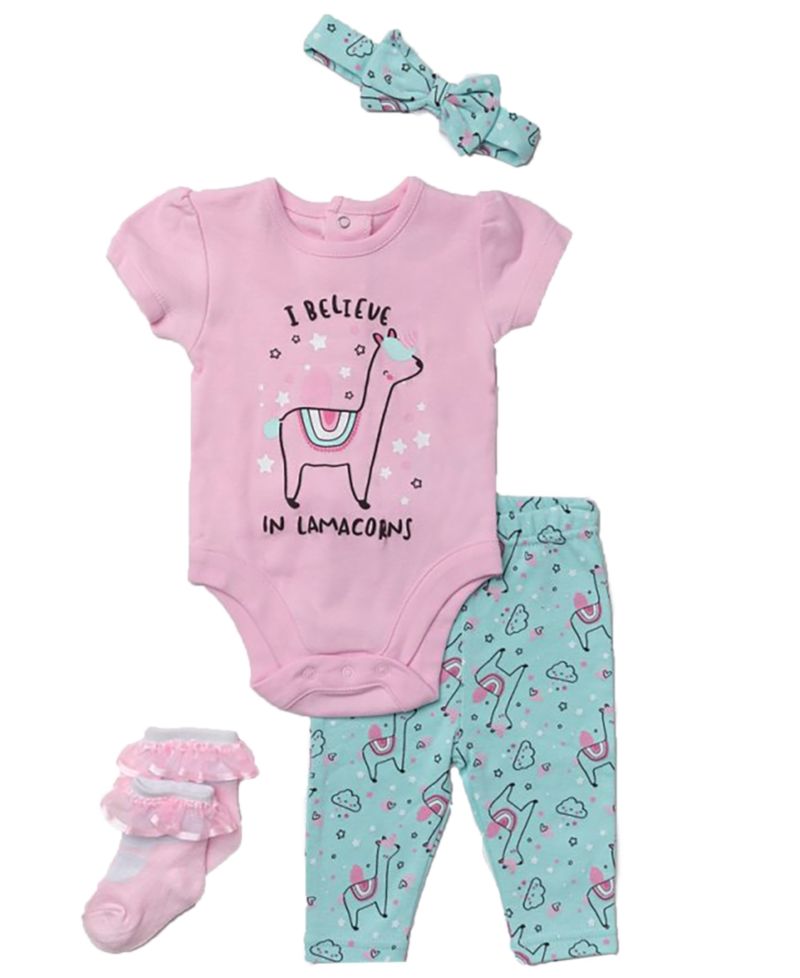 Baby Girls Lamacorn Bodysuit, Leggings, Socks and Headband, 4 Piece Set