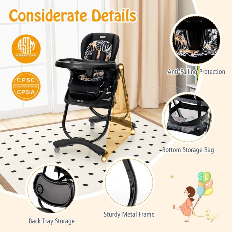 Highchair for Babies and Toddlers with Rolling Wheels Adjustable Height Footrest
