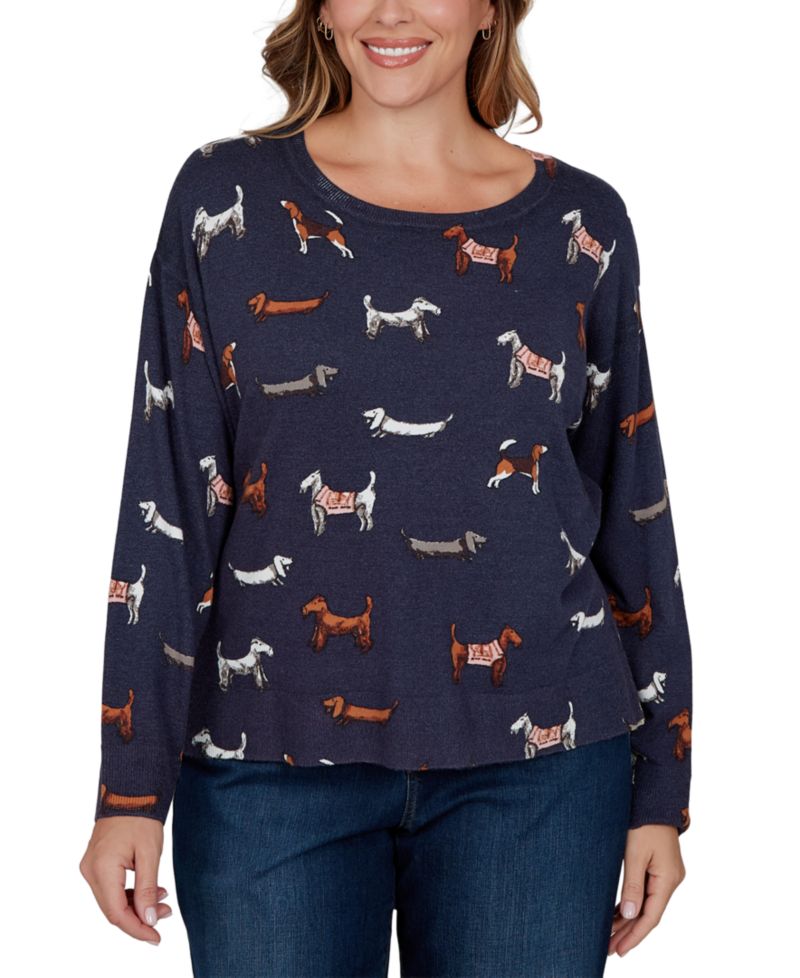 Plus Size Ballet Neckline Allover Dog Print Long-Sleeve Sweater
