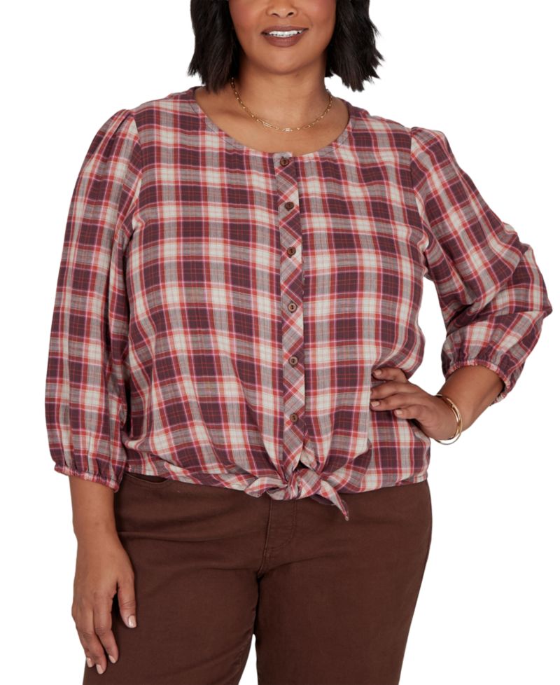 Plus Size Homestead Plaid 3/4-Sleeve Button-Front Top