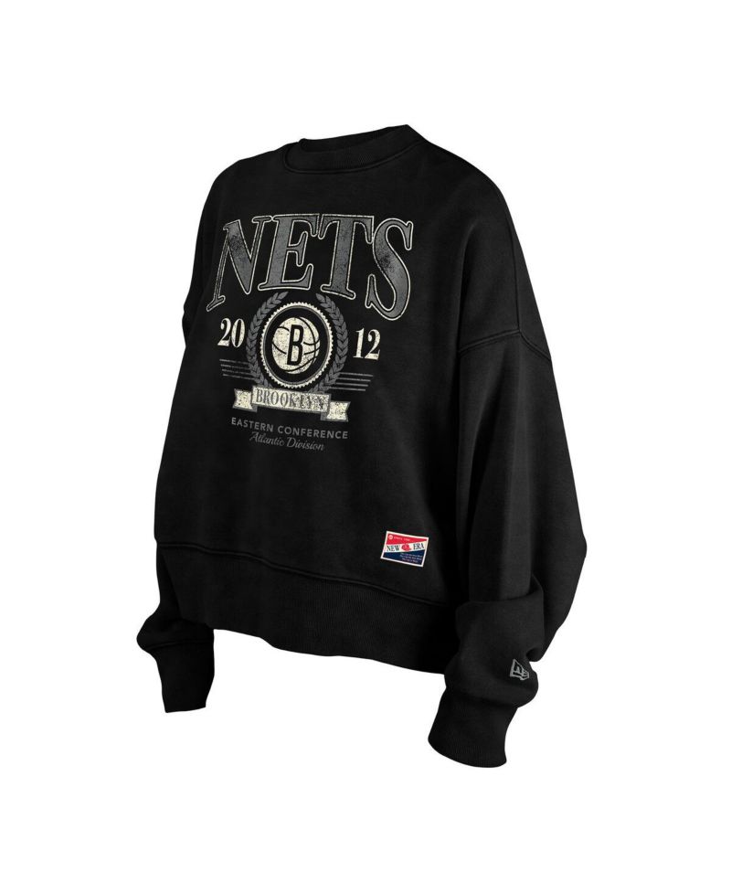 Women's Black Brooklyn Nets Throwback Enzyme Wash Oversized Boxy Pullover Sweatshirt