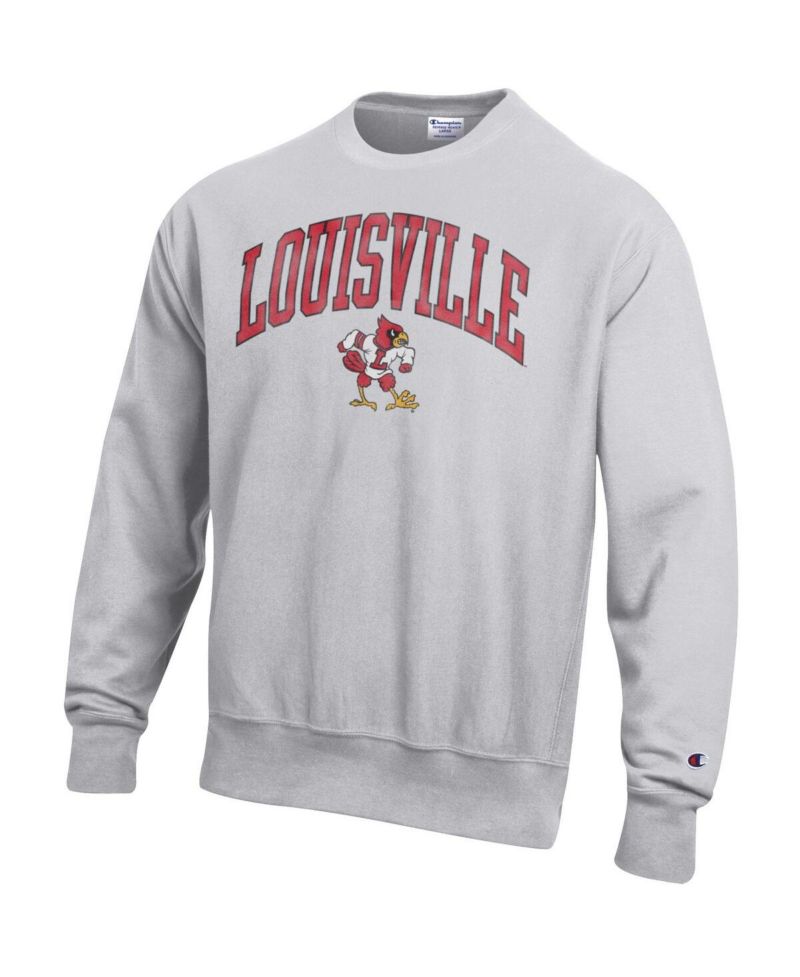 Men's Gray Louisville Cardinals Distressed Arch Over Logo Reverse Weave Crew Neck Sweatshirt