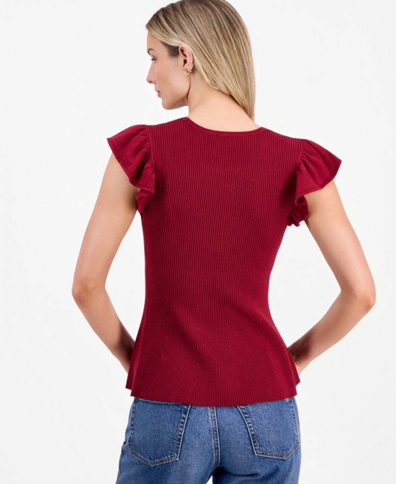 Women's Flutter-Sleeve Ribbed Sweater