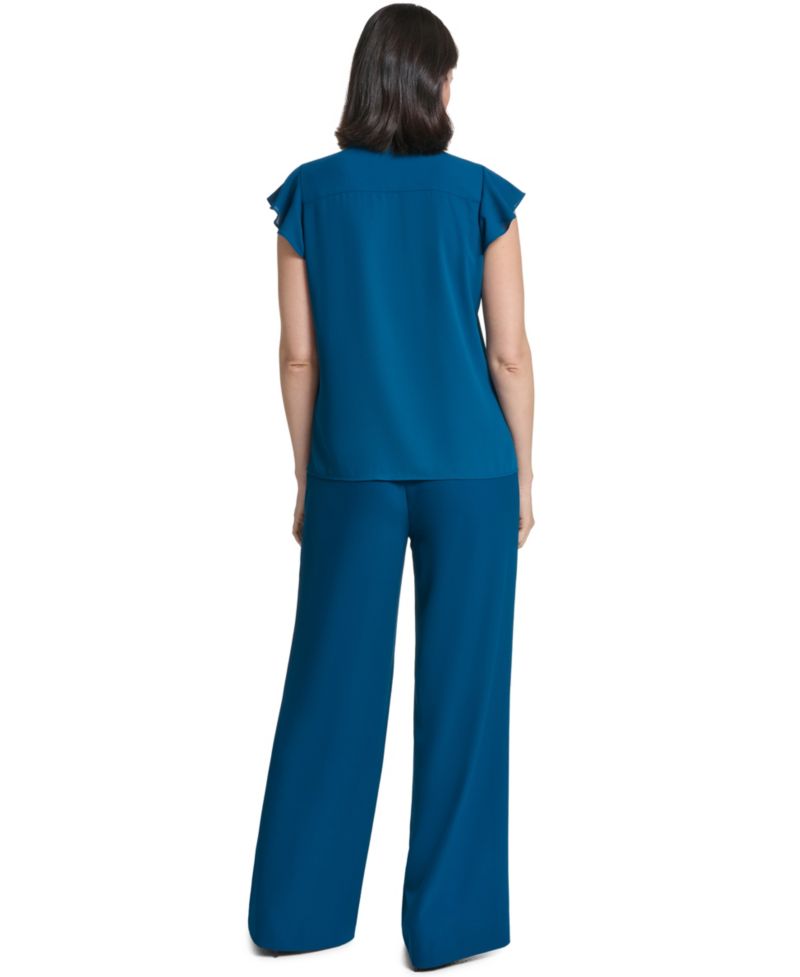 Women's Short-Sleeve Collared Ruffle-Front Blouse