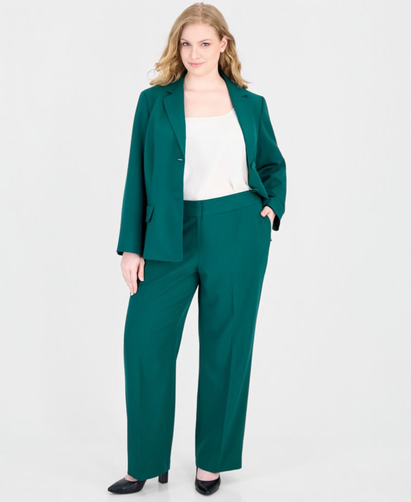 Plus Size Classic Fit Inset Waist Two Button Notch Collar Jacket and Wide Leg Pant, 2-Piece Set