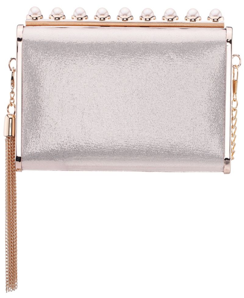 Crystal Ornamented Minaudiere Tassel Lift Lock Clutch