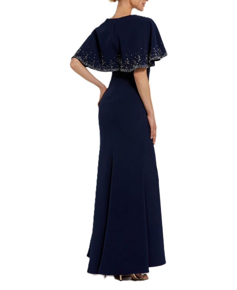 Women's Crepe High Neck Fitted Gown With Beaded Shawl