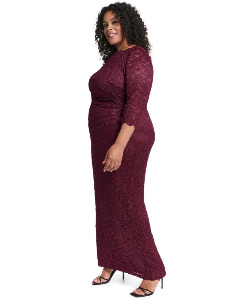 Plus Size Lace Boat Neck 3/4 Sleeve Gown