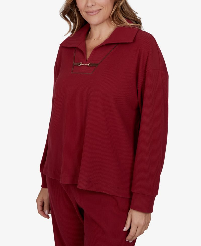 Plus Size Collared Long-Sleeve Ribbed Top