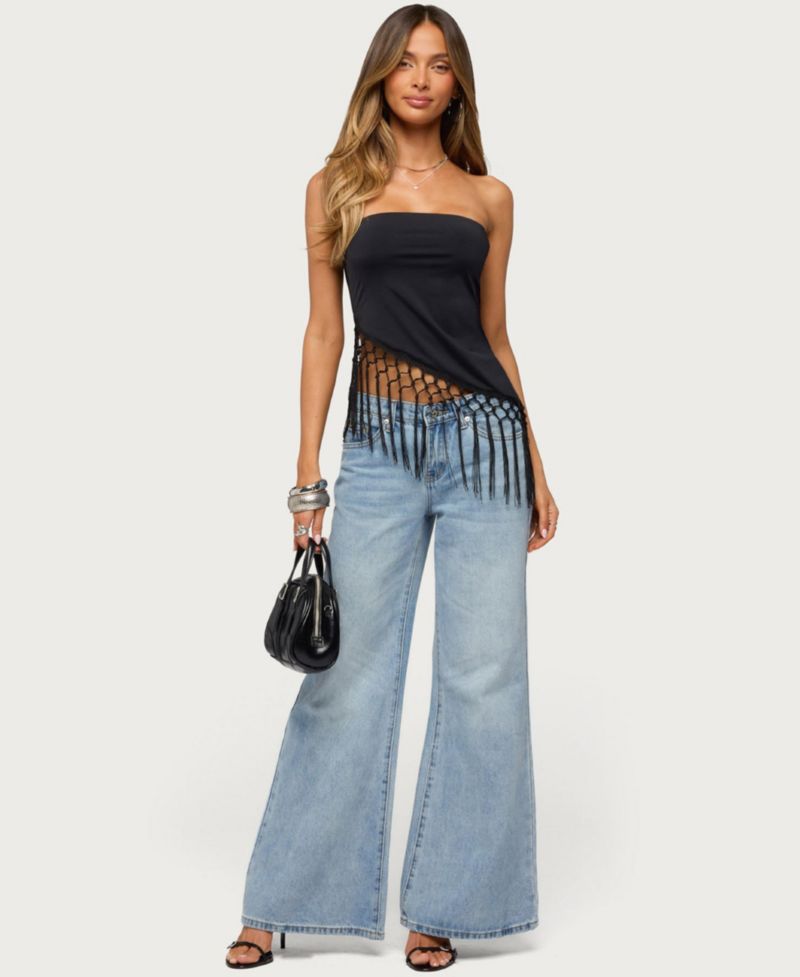 Womens Sarika Asymmetric Fringe Strapless Top