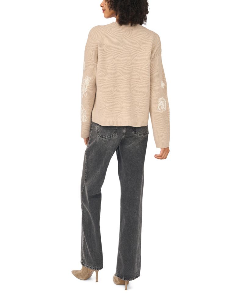 Women's Crewneck Floral-Embroidered Long-Sleeve Sweater