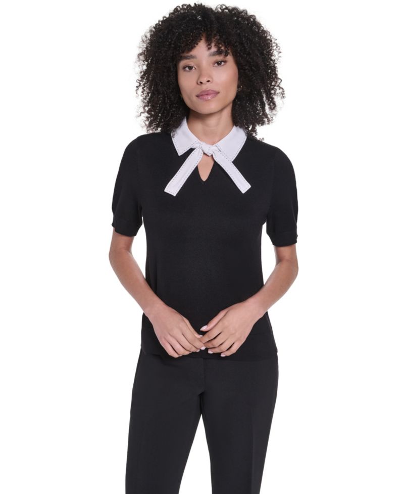 Women's Short-Sleeve Collared Keyhole Sweater